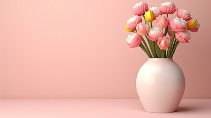 3D Flower, Vase of floral with pink pastel background. Cosmetic or beauty product background. Copy Space for Mother's Day, Valentine's Day, or Women's Day Banner or Poster