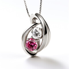 delicate pendant, white gold, modern set with 3 stones rubies cushions cuts сreated with Generative Ai