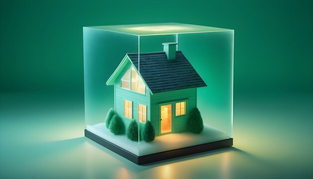 Cube, 4k, small house inside cube!, frosted glass, iridescent, studio photography, solid color background! table top photography! realistic! green!