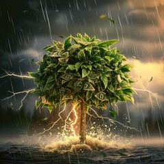 A metaphorical image of a money tree being struck by lightning illustrating sudden financial losses - obrazy, fototapety, plakaty