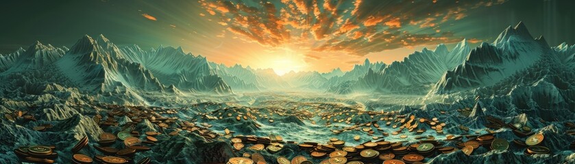 A fantasy landscape where mountains of coins and rivers of banknotes clash under a sky lit by financial forecasts - obrazy, fototapety, plakaty