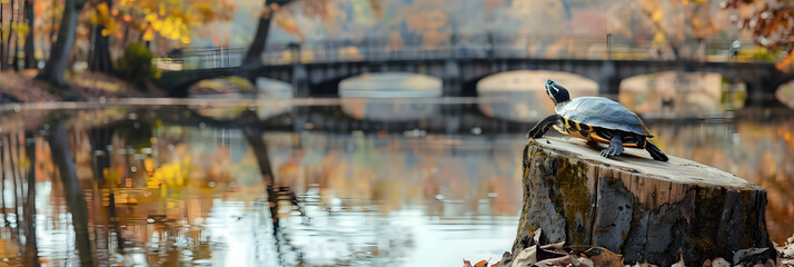 a turtle sitting on top of a tree stump in front of a body of water with a bridge in the background.