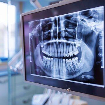 Close-up of an illuminated dental X-ray screen revealing the intricate details of human teeth and jaw structure in a medical setting.