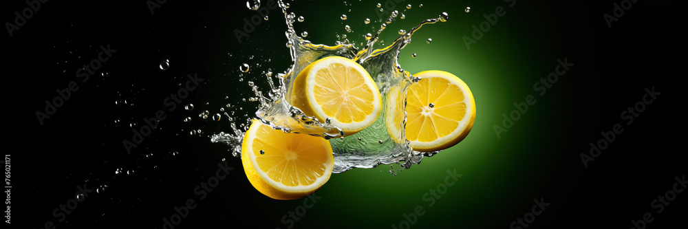 Wall mural fresh juicy lemon in splashes of water on a black background