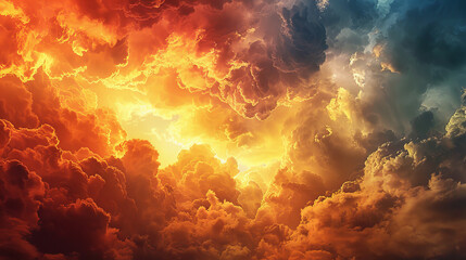 The sky is filled with orange and red clouds, creating a warm - obrazy, fototapety, plakaty