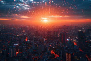 Sunset Cityscape with Glowing Digital Network Connections
