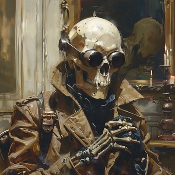 a skeleton detective oil painting 