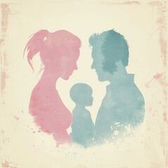 Silhouette of Happy Family. Father, Mother, and Child Drawing on Abstract Watercolor Splash Background. Perfect for Happy Mother's Day, Father's Day, Greeting Cards, Banners, and More