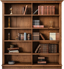 Classic bookshelf filled with antique books and vintage decor, cut out transparent