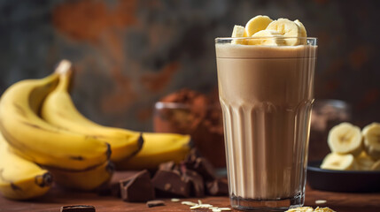 Obraz premium Banana Chocolate Smoothie in a Tall Glass. Delicious Banana Milkshake with Chocolate Shavings