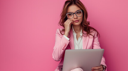 Full body size photo of young smart cute businesswoman sitting with laptop minded touch her glasses...