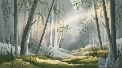 Mystical forest scenery with sunbeams peaking through