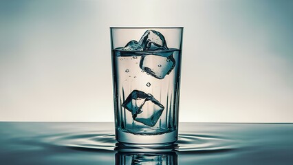 A clear glass filled with water and ice cubes creating a dynamic splash on a gradient background, illustrating refreshment and purity