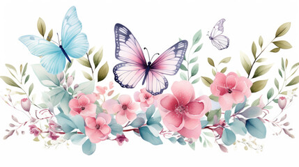 Watercolor floral seamless pattern with colorful wildflowers, tree branch, leaves, plants and flying butterflies, isolated on white. Panoramic horizontal isolated illustration. Garden background