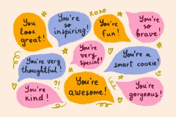 Set of speech bubbles with compliments, positive self-talk. Encouraging cute affirmations. Hand written vector compliments.