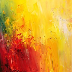 Vibrant abstract oil painting on canvas, featuring a lively blend of yellow, red, and other colors...