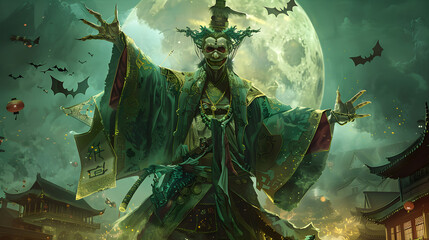 Eerie Representation of Jiangshi - An Iconic Figure in Chinese Folklore under the Moonlit Night