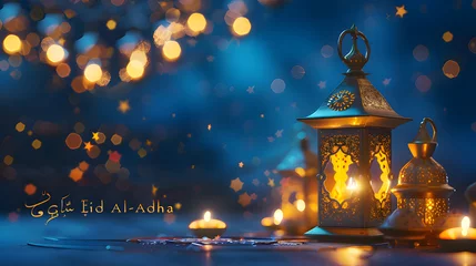 Foto op Plexiglas Eid Al Adha Celebrations, Idul Adha greeting background shining Islamic mosque with arabic calligraphy, sacrificial animals, cows, sheep and camels Generative Ai © ASyarif