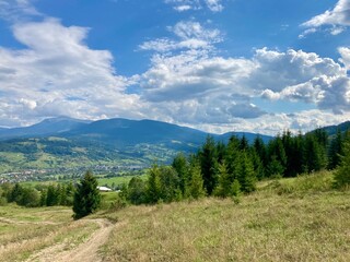 Fototapeta na wymiar View of the Carpathian Mountains from Yasinia village, Transcarpathia region or Transcarpathian Ukraine