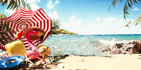 Summer travel concept background with Pink Flamingo on beautiful sand beach. 3D Rendering, 3D Illustration