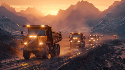 Industrial mining trucks driving on a dirt road with headlights illuminating dust against a twilight mountain backdrop.