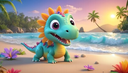 3d cartoon character illustration of a baby dinosaur in a winter sea beach, sun, jungle, flower with a playful expression. Ai generate