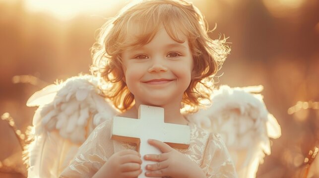 Cute baby girl angel with wings holding a cross in heaven