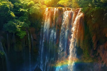 Picturesque Aerial waterfall colorful. Top rock. Generate Ai