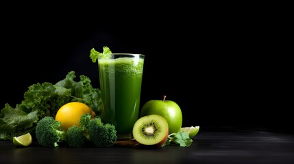 A glass of green juice with lime and kale, surrounded by fruits on a black background.