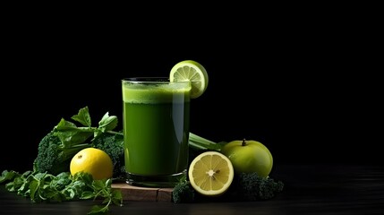 A glass of green juice with lime and kale, surrounded by fruits on a black background.