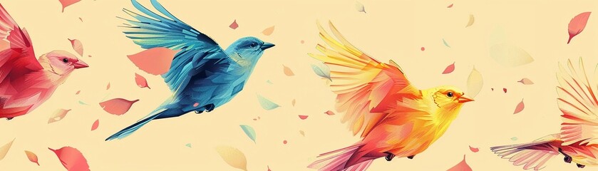 Graceful birds in a 2D pattern, low angle, pastel yellow background, soft shadows, tranquil
