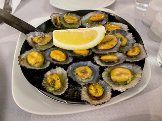 Cooked Lapas limpets mussels with garlic, herbs and lemon on a plate close up