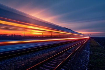 Highspeed train overtaking, rear curtain sync capture, dusk, ground level, countryside - obrazy, fototapety, plakaty