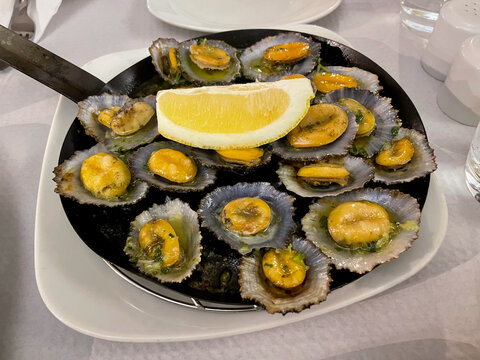 Cooked Lapas limpets mussels with garlic, herbs and lemon on a plate close up