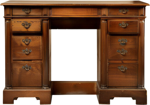 Vintage wooden desk with multiple drawers and brass handles, cut out transparent