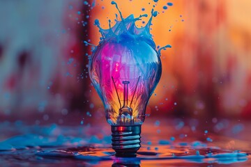Lightbulb with colorful splash, symbolizing a burst of creativity, vibrant hues