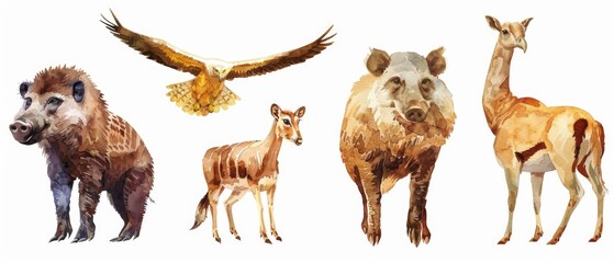 Enchanting watercolor collection of safari animals clipart, including a curious meerkat, a loyal warthog, a majestic eagle, and a nimble gazelle, perfectly isolated against a white background.