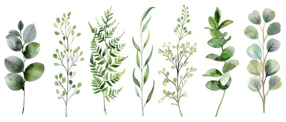 Lush watercolor clipart set of greenery, featuring delicate fern leaves, eucalyptus branches, and mistletoe twigs, isolated on a white background for freshness. - obrazy, fototapety, plakaty