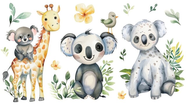 Enchanting watercolor clipart set, capturing the essence of gentle giants and serene creatures with a joyful panda, a content sloth, a graceful giraffe, a tranquil koala, and a friendly elephant