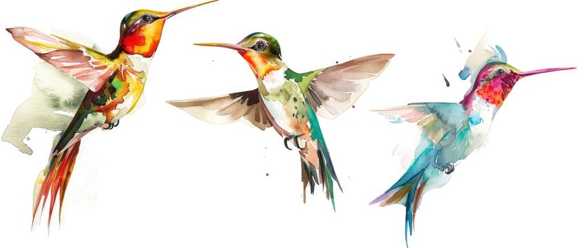 Enchanting watercolor clipart ensemble of hummingbirds, each illustrating the bird's swift, darting movements and dazzling plumage, perfectly isolated on a white backdrop.