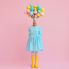 A whimsical image showing a giraffe in a dress, stands with a cluster of pastel balloons for a head against a pink background