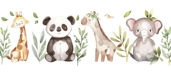 Charming watercolor clipart ensemble of forest and savannah friends, including a bamboo-loving panda, a serene sloth, a majestic giraffe, a leafy koala, and a wise elephant
