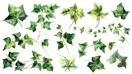 Collection of watercolor ivy leaves and vine twigs clipart, exuding natural elegance with rich greens, each element isolated on a pure white background.