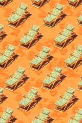 Pattern of multiple sunbeds casting shadows on a vivid orange background, evoking thoughts of leisure and summer