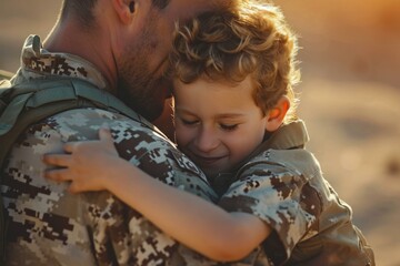 Heartwarming Military reunion father son united. Service welcome. Generate AI