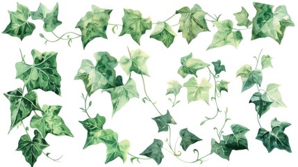 Collection of watercolor ivy leaves and vine twigs clipart, exuding natural elegance with rich greens, each element isolated on a pure white background. - obrazy, fototapety, plakaty