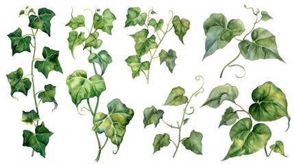 Collection of watercolor ivy leaves and vine twigs clipart, exuding natural elegance with rich greens, each element isolated on a pure white background. - obrazy, fototapety, plakaty