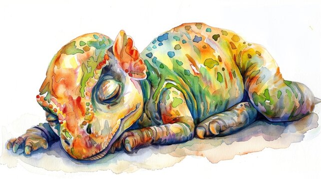 Cozy Brontosaurus Calf Watercolor Clipart, Exuding Warmth With Soft Pastel Hues, Cuddled Up, Isolate On White Background For A Gentle Appeal.