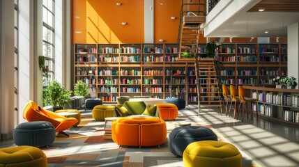 Contemporary high school library interior design with modern architecture and bookshelves, 3d...