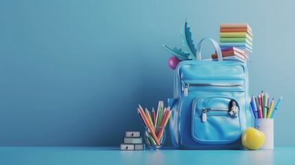 Vibrant Online Learning Concept: 3D Render of Blue Backpack Laden with School Supplies on Gradient...